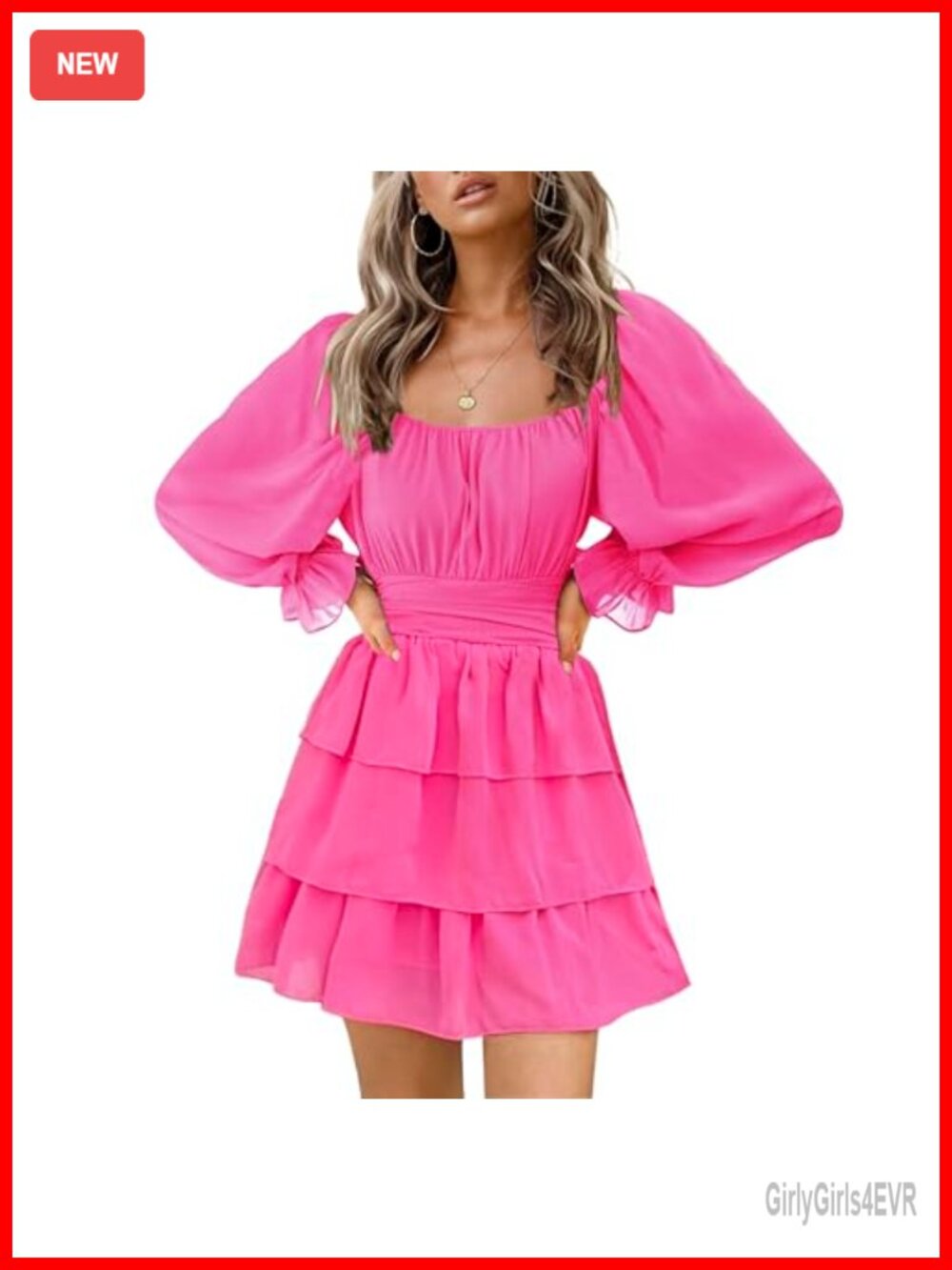 Women's Chiffon Mini Dress Long Lantern Sleeve Ruffle Hem A-Line Casual